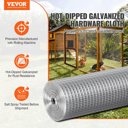 VEVOR Hardware Cloth, 12.7mm 610mm×7.62m 19 Gauge, Hot Dipped Galvanized Wire Mesh