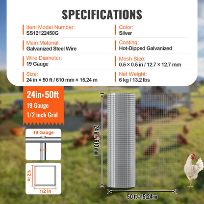 VEVOR Hardware Cloth, 12.7mm 610mm×15.24m 19 Gauge, Hot Dipped Galvanized Wire Mesh