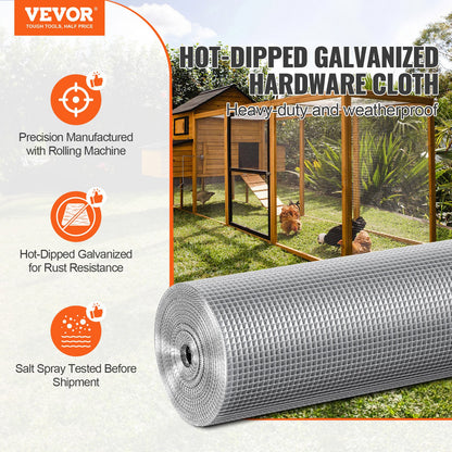 VEVOR Hardware Cloth, 6.35mm 915mm×15.24mm 23 Gauge, Hot Dipped Galvanized Wire
