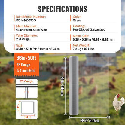 VEVOR Hardware Cloth, 6.35mm 915mm×15.24mm 23 Gauge, Hot Dipped Galvanized Wire