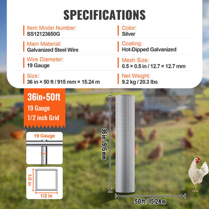 VEVOR Hardware Cloth, 12.7mm 915mm×15.24m 19 Gauge, Hot Dipped Galvanized Wire Mesh