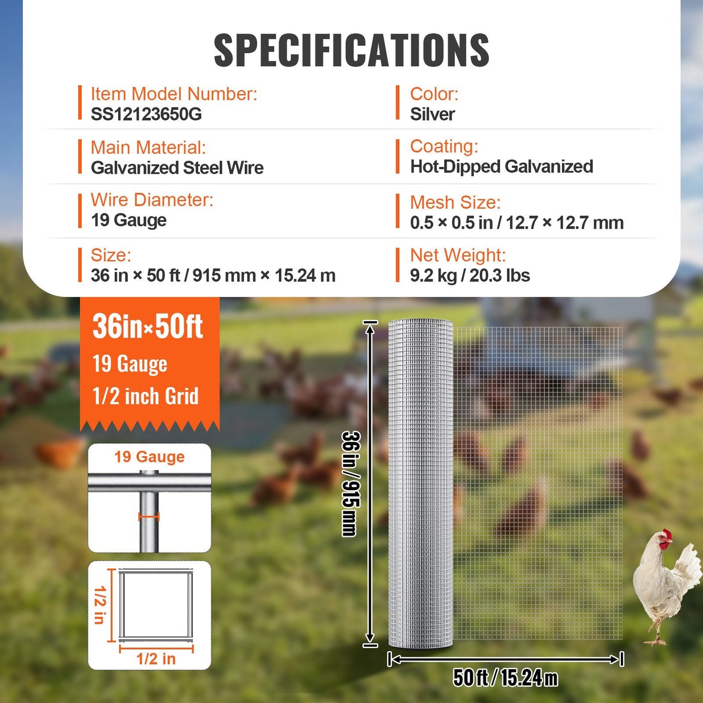 Galvanized Steel Wire Mesh Roll, 0.9m x 15.24m, 19 Gauge for Fencing & Cages