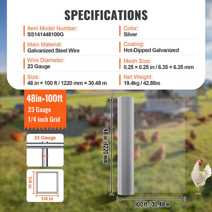 VEVOR Hardware Cloth, 6.35mm 1220mm×30.48m 23 Gauge, Hot Dipped Galvanized Wire