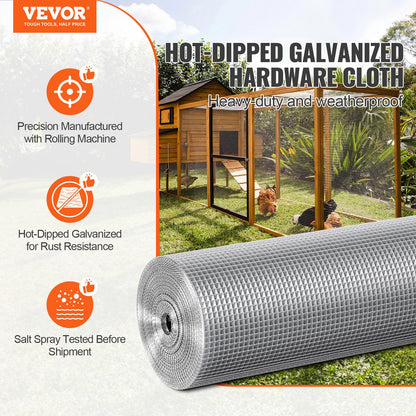 VEVOR Hardware Cloth, 6.35mm 1220mm×15.24m 23 Gauge, Hot Dipped Galvanized Wire