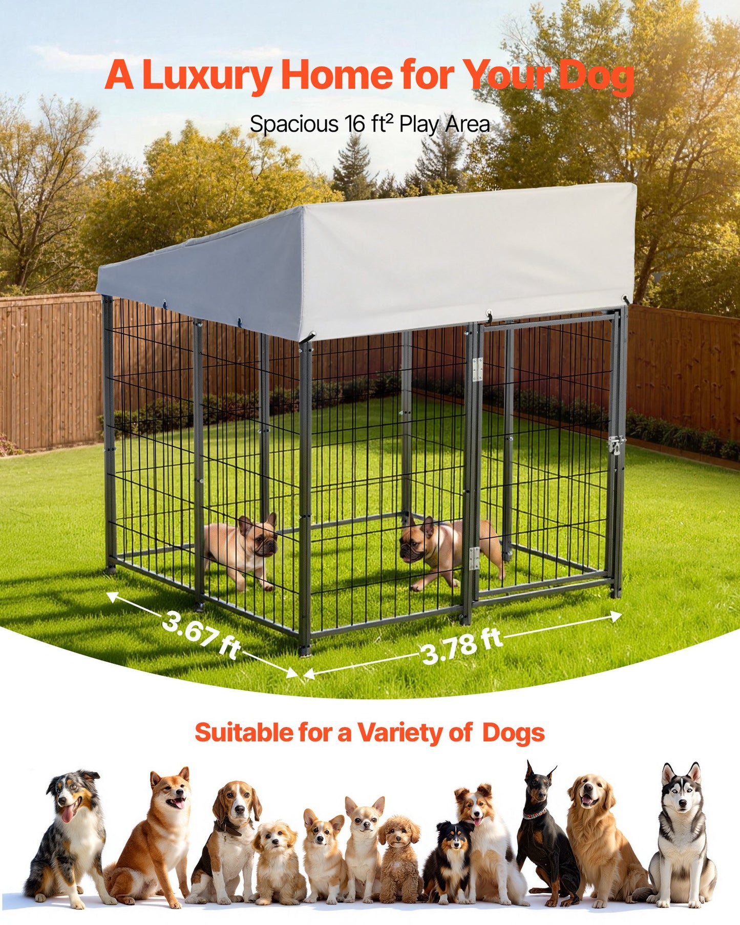 Outdoor Dog Kennel, 1.12 x 1.15 x 1.25 m  Large Dog Kennel with Secure Lock, Outside Dogs Enclosures with UV-Resistant & Waterproof Roof Cover, Heavy Duty Pet Crate Cage Run for Large Dogs