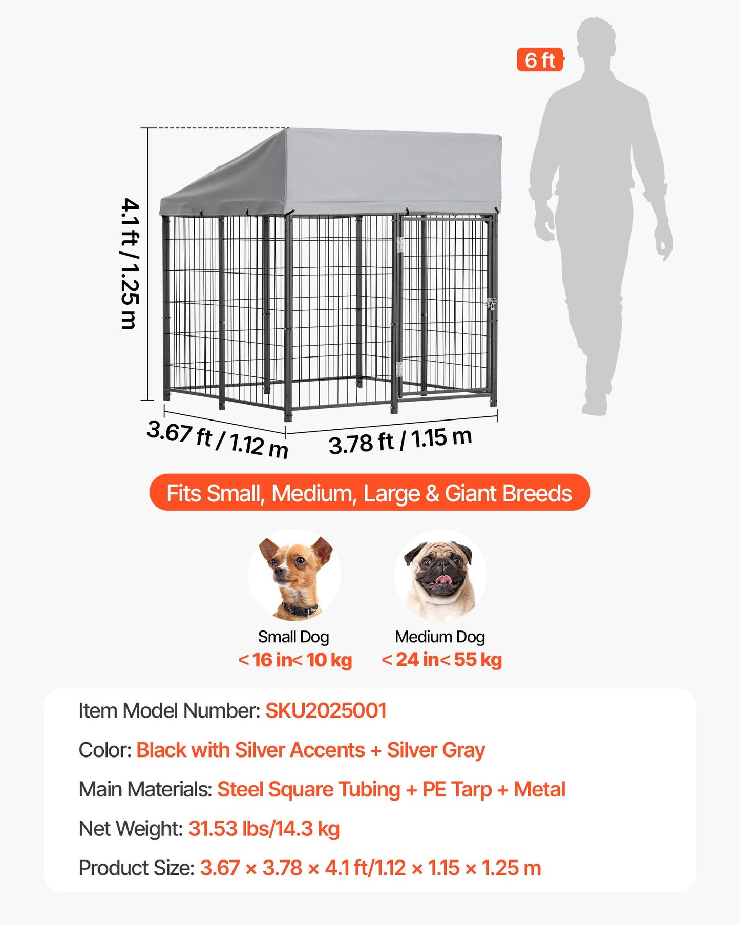 Outdoor Dog Kennel, 1.12 x 1.15 x 1.25 m  Large Dog Kennel with Secure Lock, Outside Dogs Enclosures with UV-Resistant & Waterproof Roof Cover, Heavy Duty Pet Crate Cage Run for Large Dogs