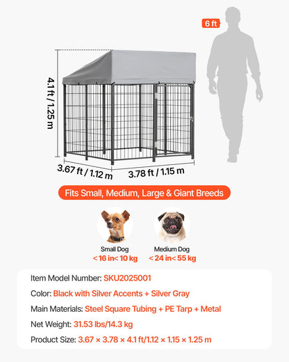Outdoor Dog Kennel, 1.12 x 1.15 x 1.25 m  Large Dog Kennel with Secure Lock, Outside Dogs Enclosures with UV-Resistant & Waterproof Roof Cover, Heavy Duty Pet Crate Cage Run for Large Dogs
