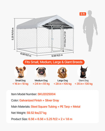 Outdoor Dog Kennel, 2 x 2 x 1.6 m Large Dog Kennel with Secure Lock, Outside Dogs Enclosures with UV-Resistant & Waterproof Roof Cover, Heavy Duty Pet Crate Cage Run for Large Dogs