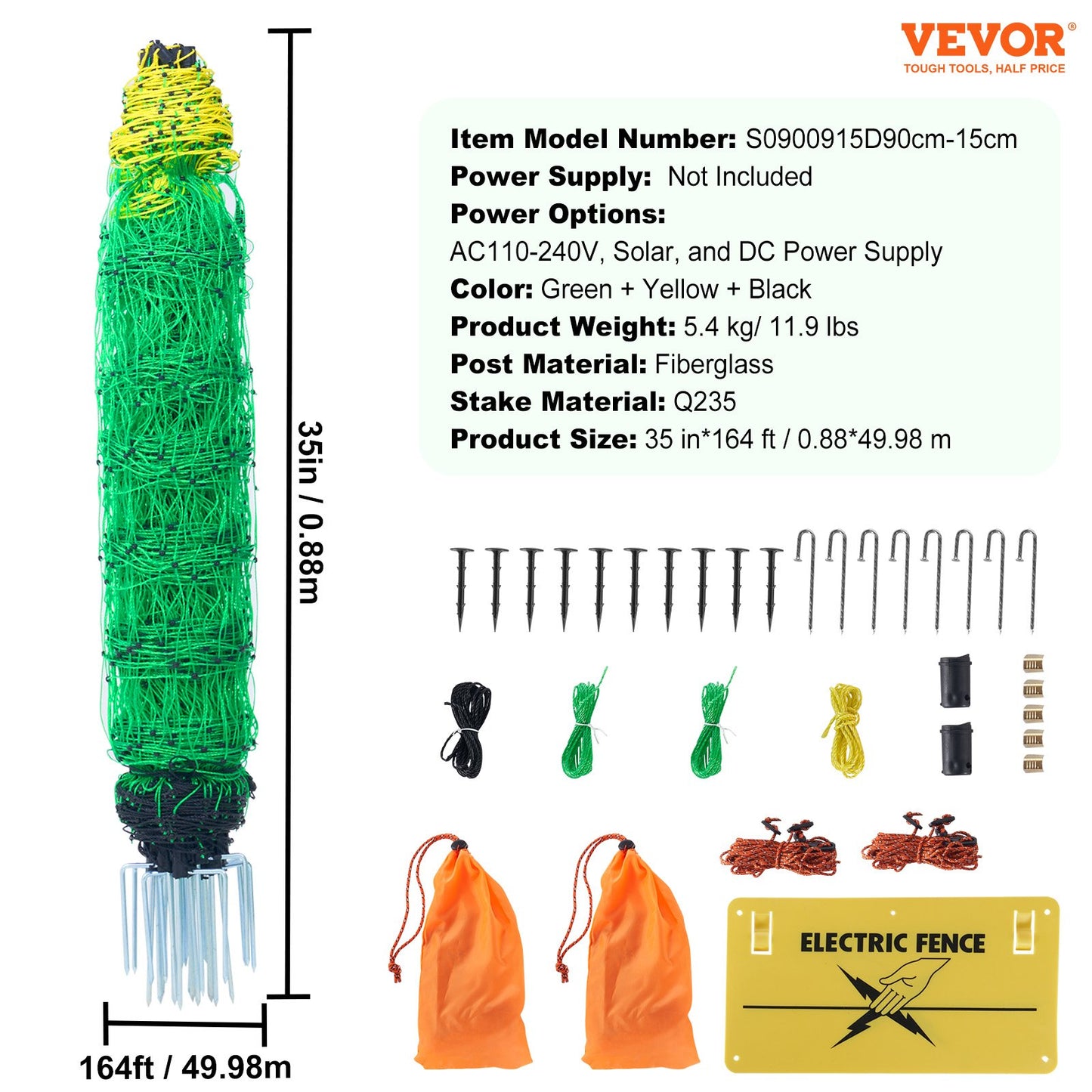 VEVOR Electric Fence Netting, 0.88 x 49.98 m, PE Net Fencing with Posts & Double-Spiked