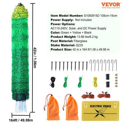 VEVOR Electric Fence Netting, 1.06 x 49.98 m, PE Net Fencing with Posts & Double-Spiked