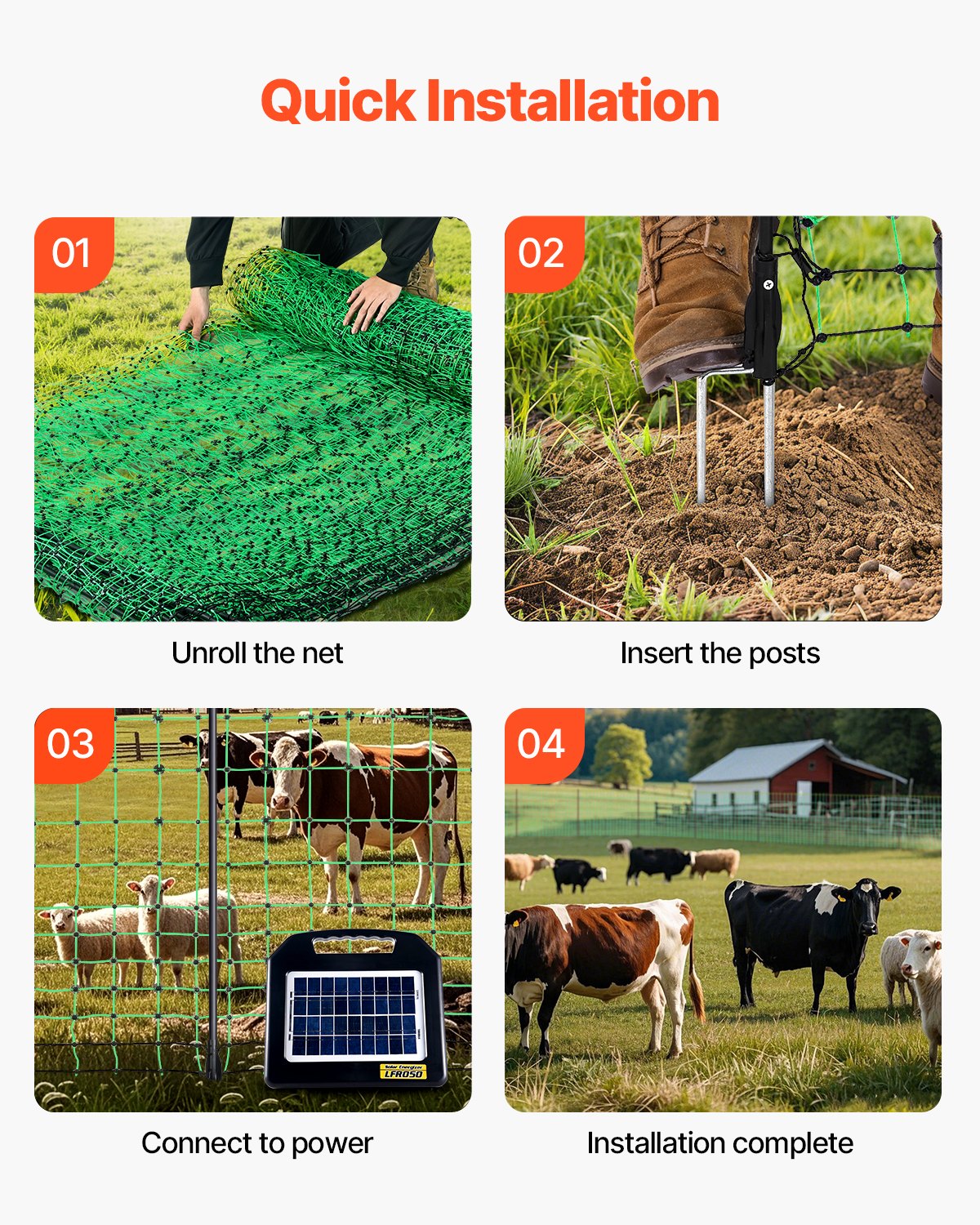 Electric Fence Netting, 1.27 m x 50 m, Livestock Net Fencing with Posts & Stakes, Portable Mesh Nets for Goats, Sheep, Deer, Hogs, Dogs, Electric Fencing for Backyards, Gardens, Farms, Ranches