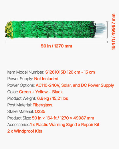 Electric Fence Netting, 1.27 m x 50 m, Livestock Net Fencing with Posts & Stakes, Portable Mesh Nets for Goats, Sheep, Deer, Hogs, Dogs, Electric Fencing for Backyards, Gardens, Farms, Ranches