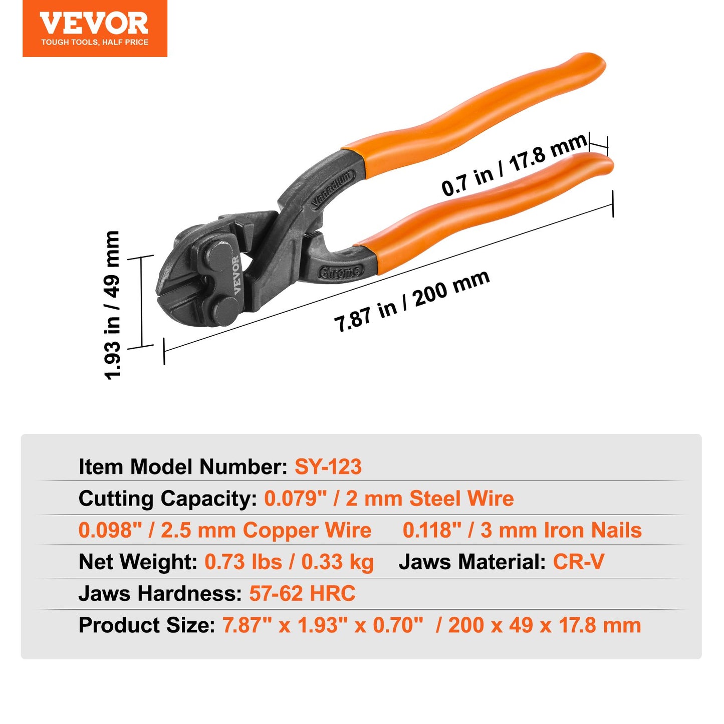 VEVOR Bolt Cutter, 8" Mini Lock Cutter, Streamlined Ergonomic Handle, Chromium Vanadium