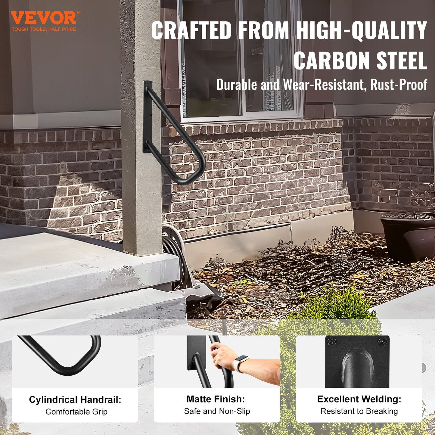 Outdoor Safety Handrail for 1-2 Steps, 0.48m Wall Mount, 240kg Capacity