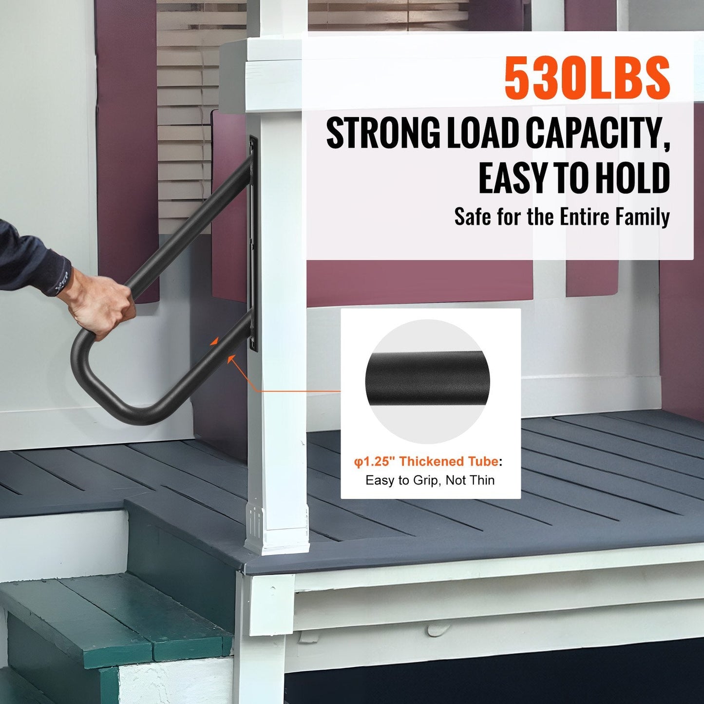 Outdoor Safety Handrail for 1-2 Steps, 0.48m Wall Mount, 240kg Capacity