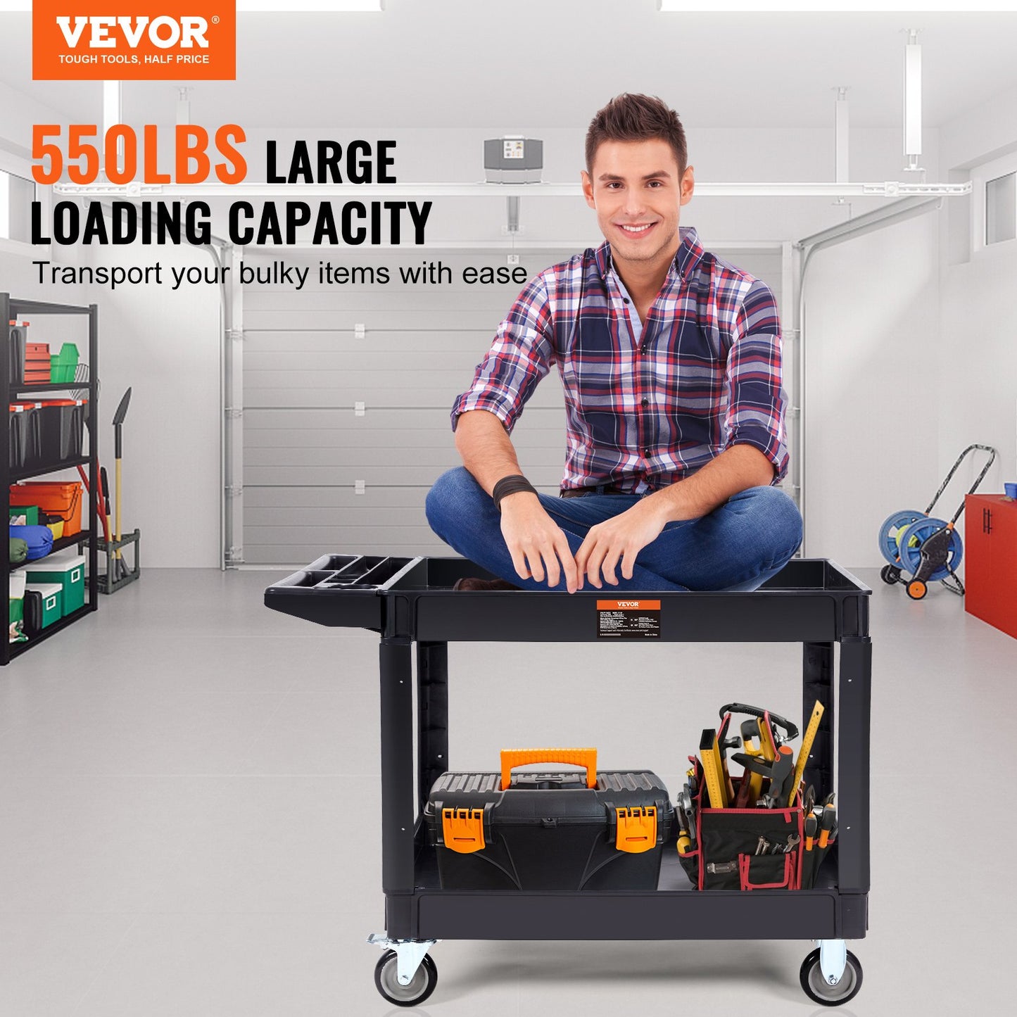 VEVOR Utility Service Cart, 2 Shelf 550LBS Heavy Duty Plastic Rolling Utility Cart