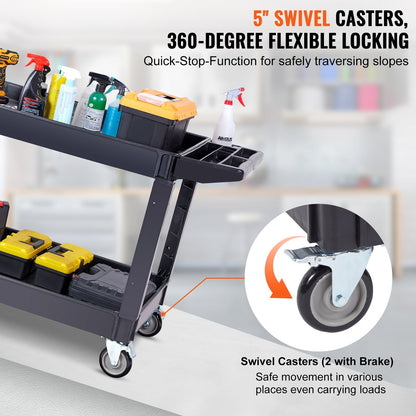 Heavy Duty Rolling Utility Cart with 2 Shelves, 250 kg Capacity, Ergonomic Handle
