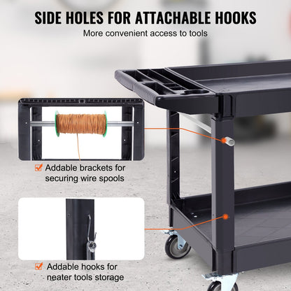 Heavy Duty Rolling Utility Cart with 2 Shelves, 250 kg Capacity, Ergonomic Handle