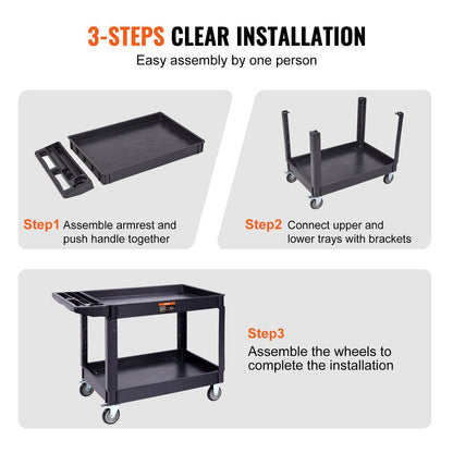 Heavy Duty Rolling Utility Cart with 2 Shelves, 250 kg Capacity, Ergonomic Handle