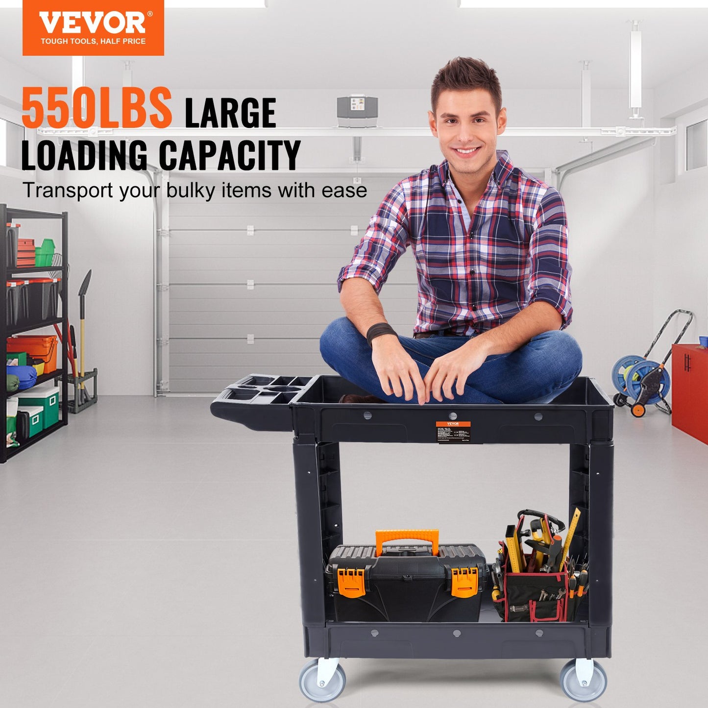 VEVOR Utility Service Cart, 2 Shelf 550LBS Heavy Duty Plastic Rolling Utility Cart