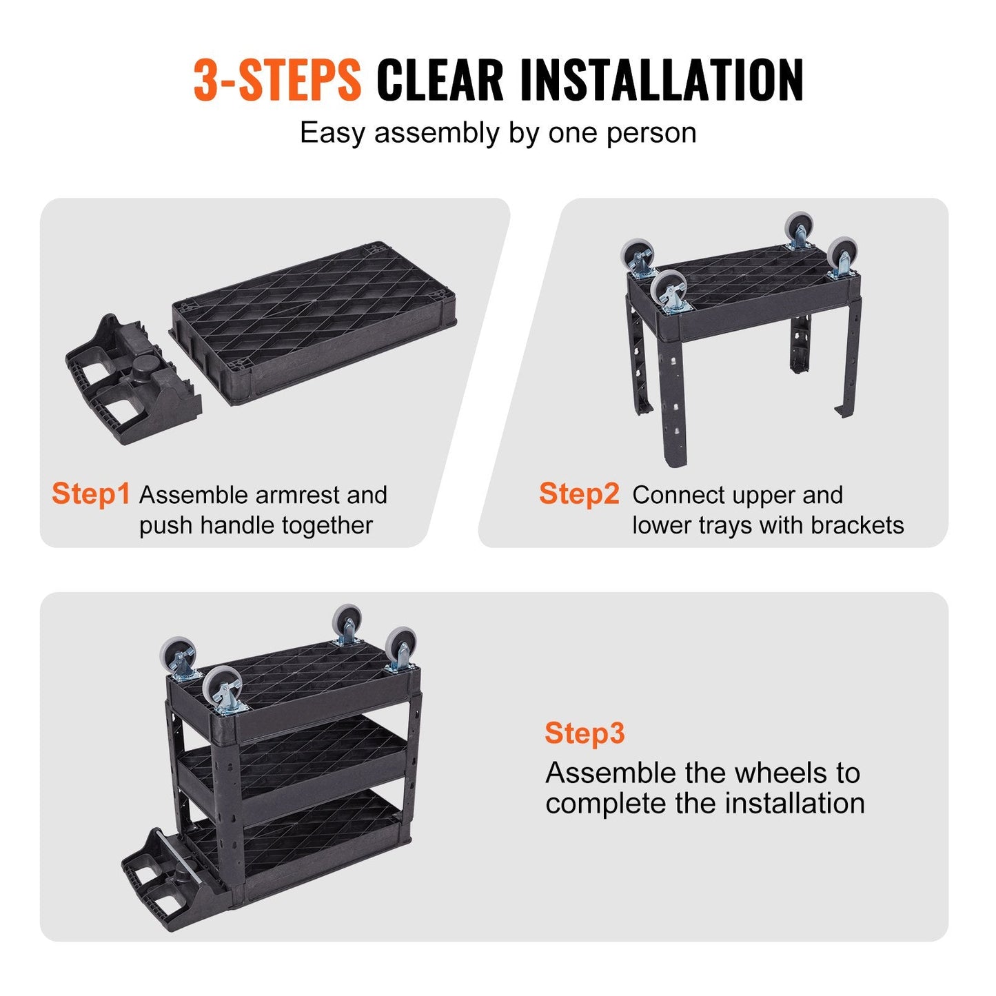 Heavy Duty 3-Shelf Rolling Utility Cart with Swivel Wheels, 250 kg Capacity