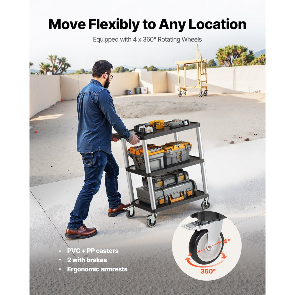 VEVOR 3-shelf Utility Cart 300 lbs 27.6 x 18.1-inch Service Cart with Wheels