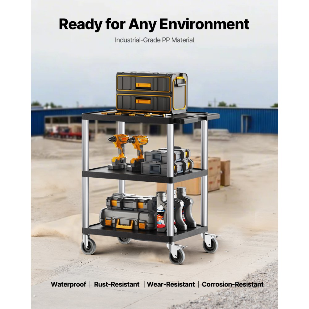 VEVOR 3-shelf Utility Cart 300 lbs 27.6 x 18.1-inch Service Cart with Wheels