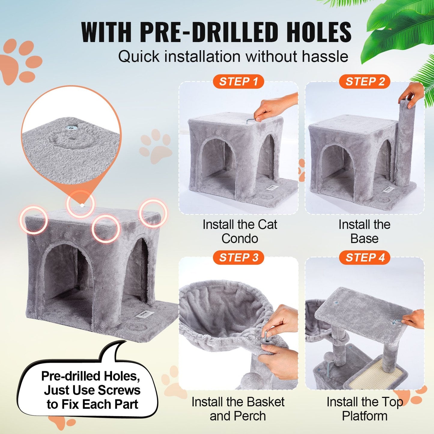 Multi-Level Cat Tower with Condo & Scratching Post, Light Grey, 80cm