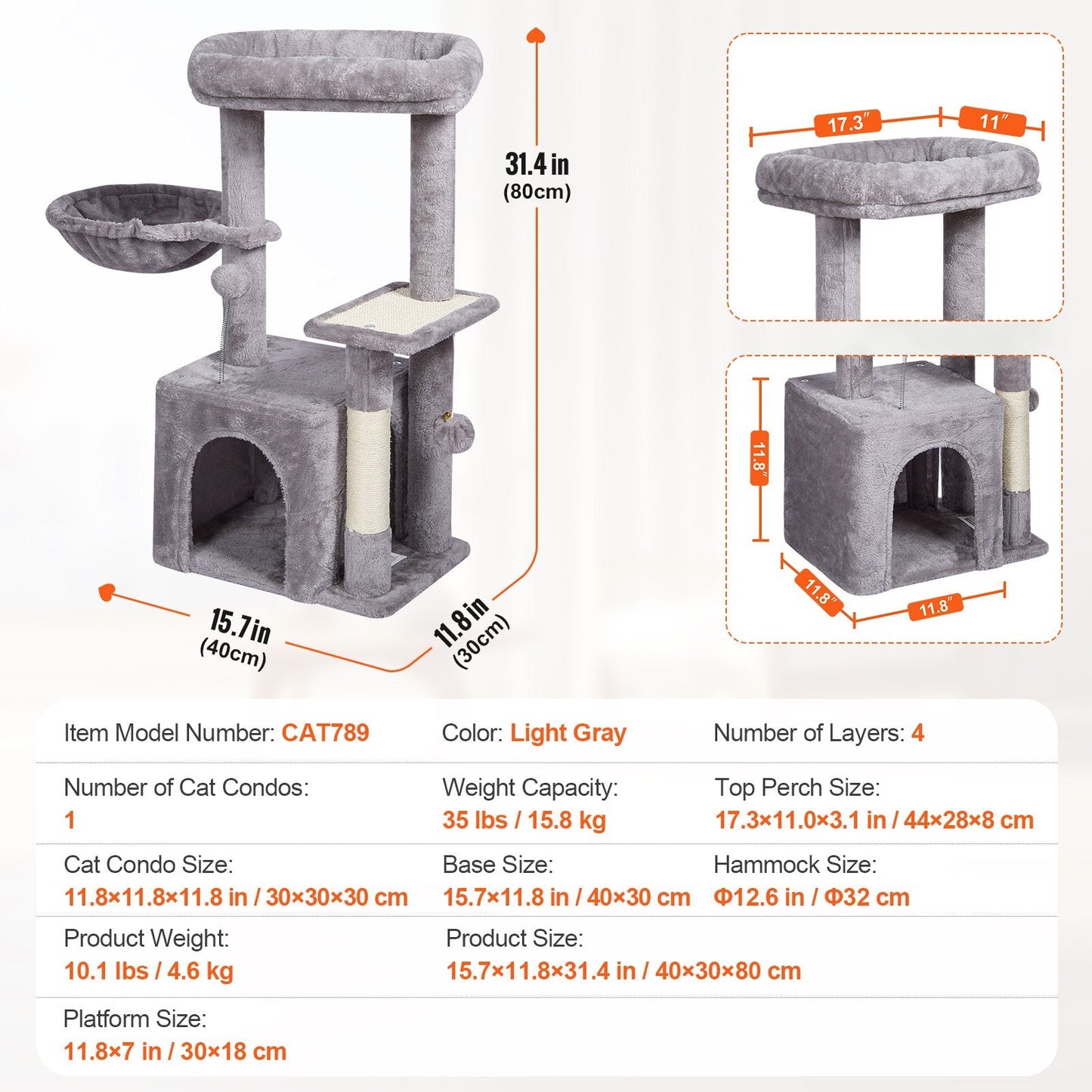 Multi-Level Cat Tower with Condo & Scratching Post, Light Grey, 80cm