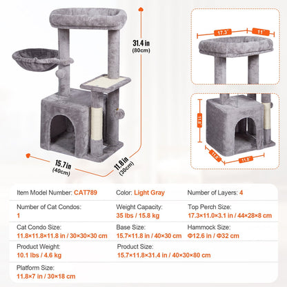 Multi-Level Cat Tower with Condo & Scratching Post, Light Grey, 80cm