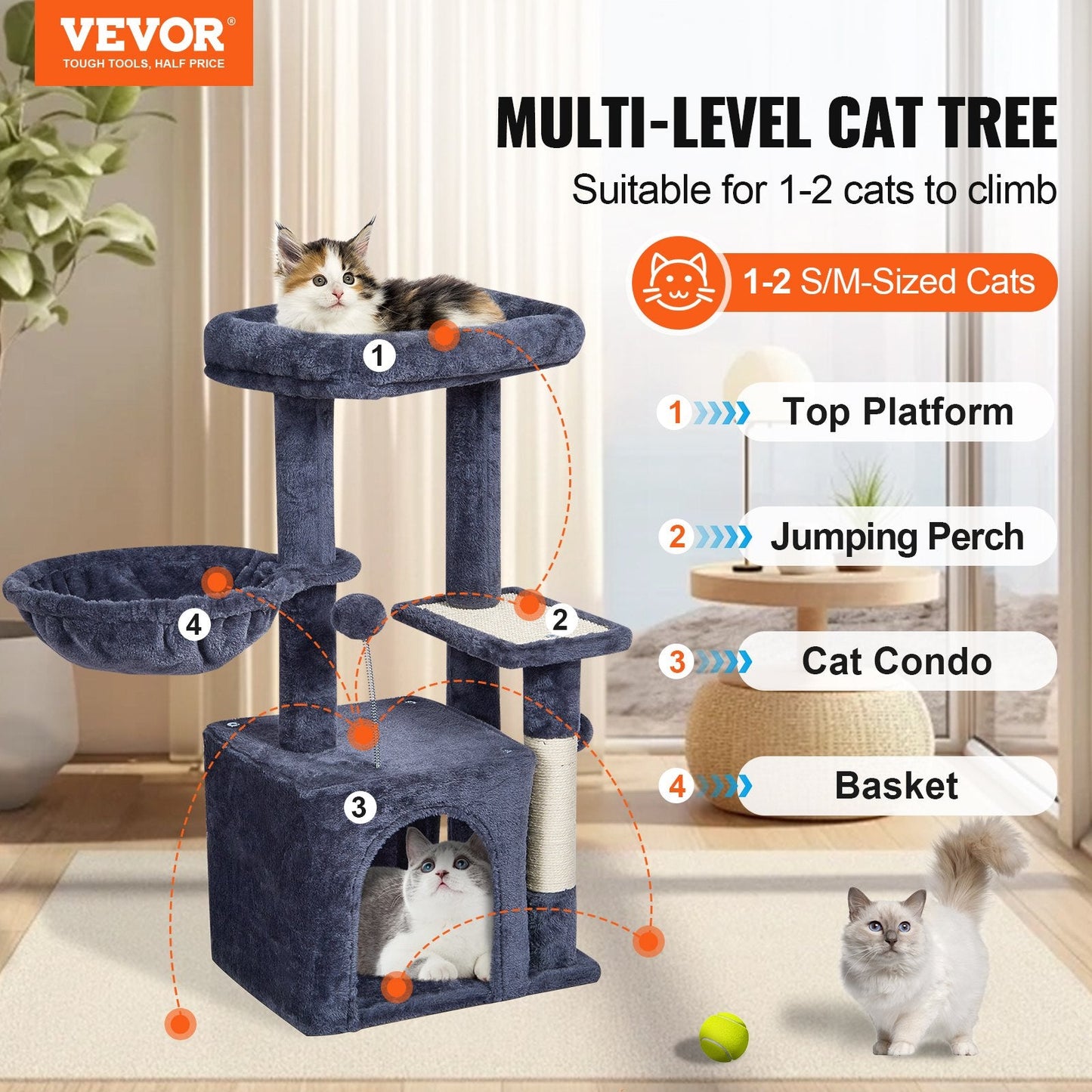 Dark Grey 80 cm Cat Tower with Condo and Sisal Scratching Post