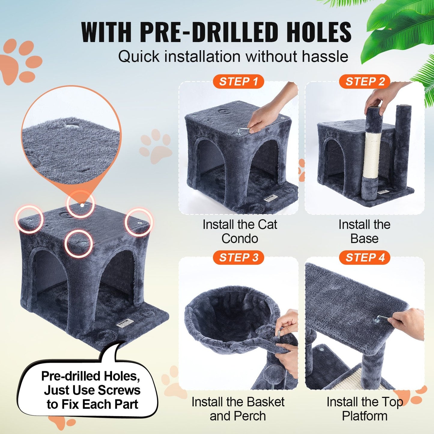 Dark Grey 80 cm Cat Tower with Condo and Sisal Scratching Post
