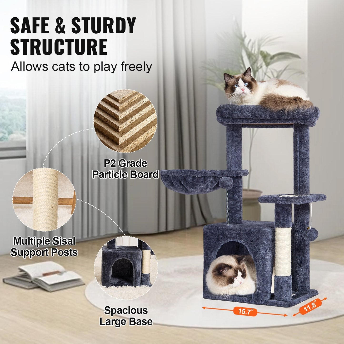 Dark Grey 80 cm Cat Tower with Condo and Sisal Scratching Post