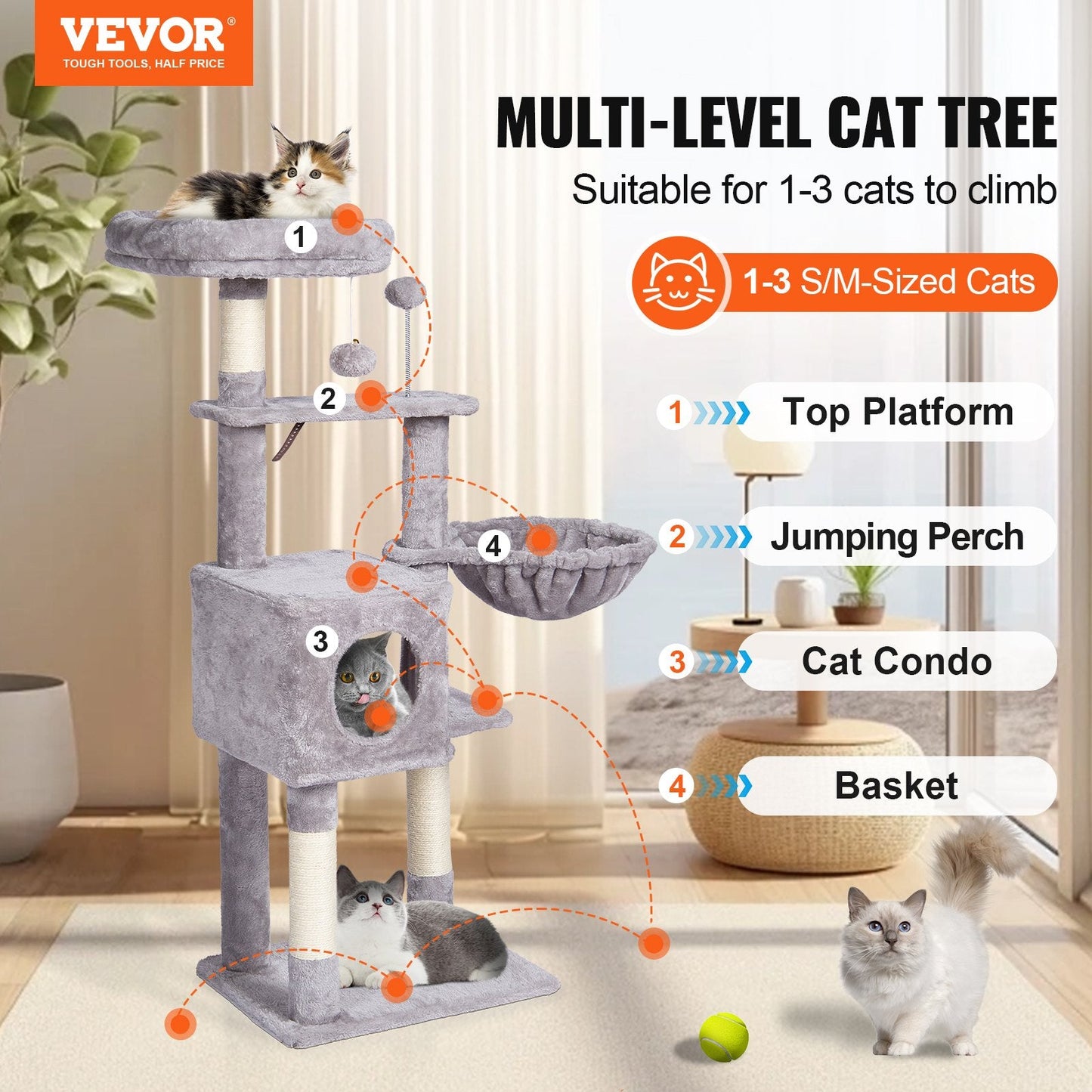 115 cm Light Grey Cat Tower with Condo & Sisal Post