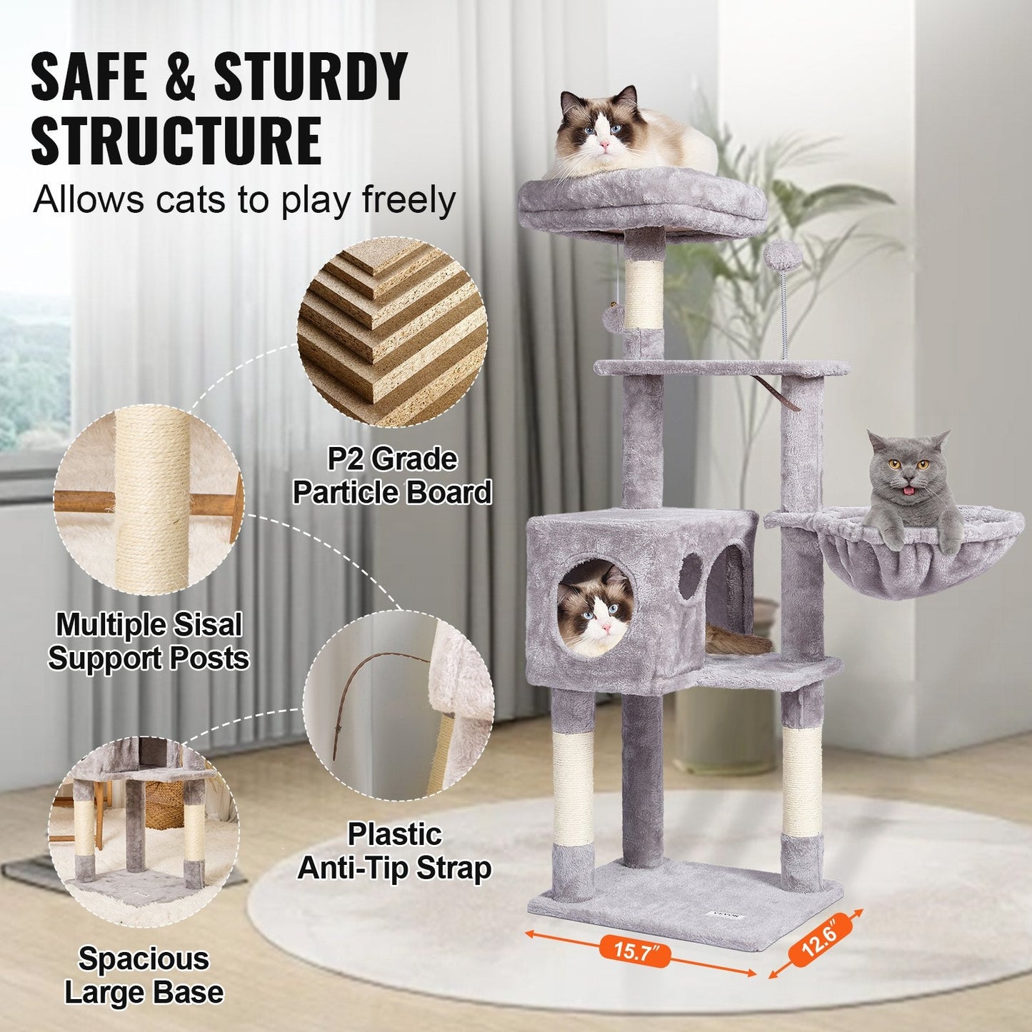 115 cm Light Grey Cat Tower with Condo & Sisal Post