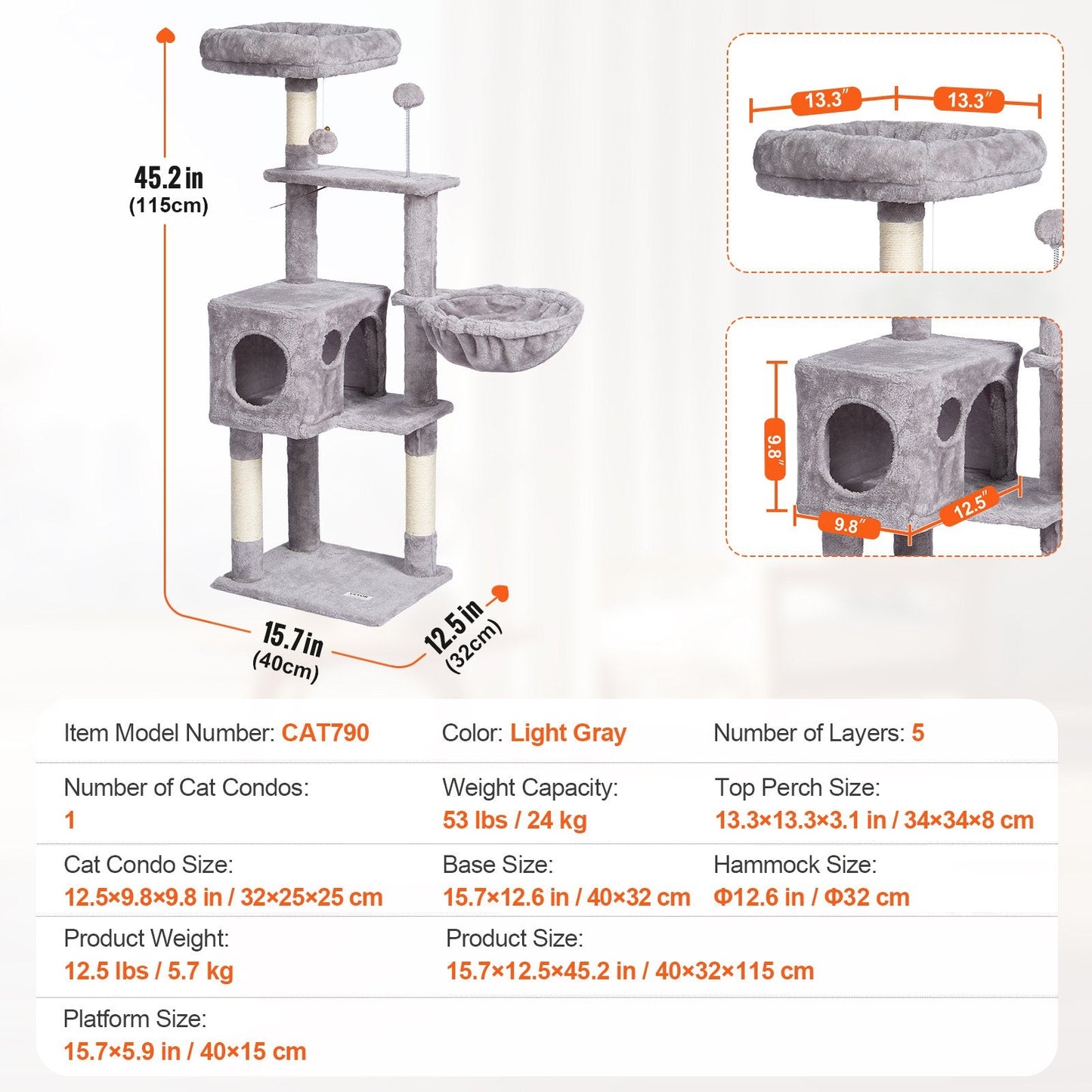 115 cm Light Grey Cat Tower with Condo & Sisal Post