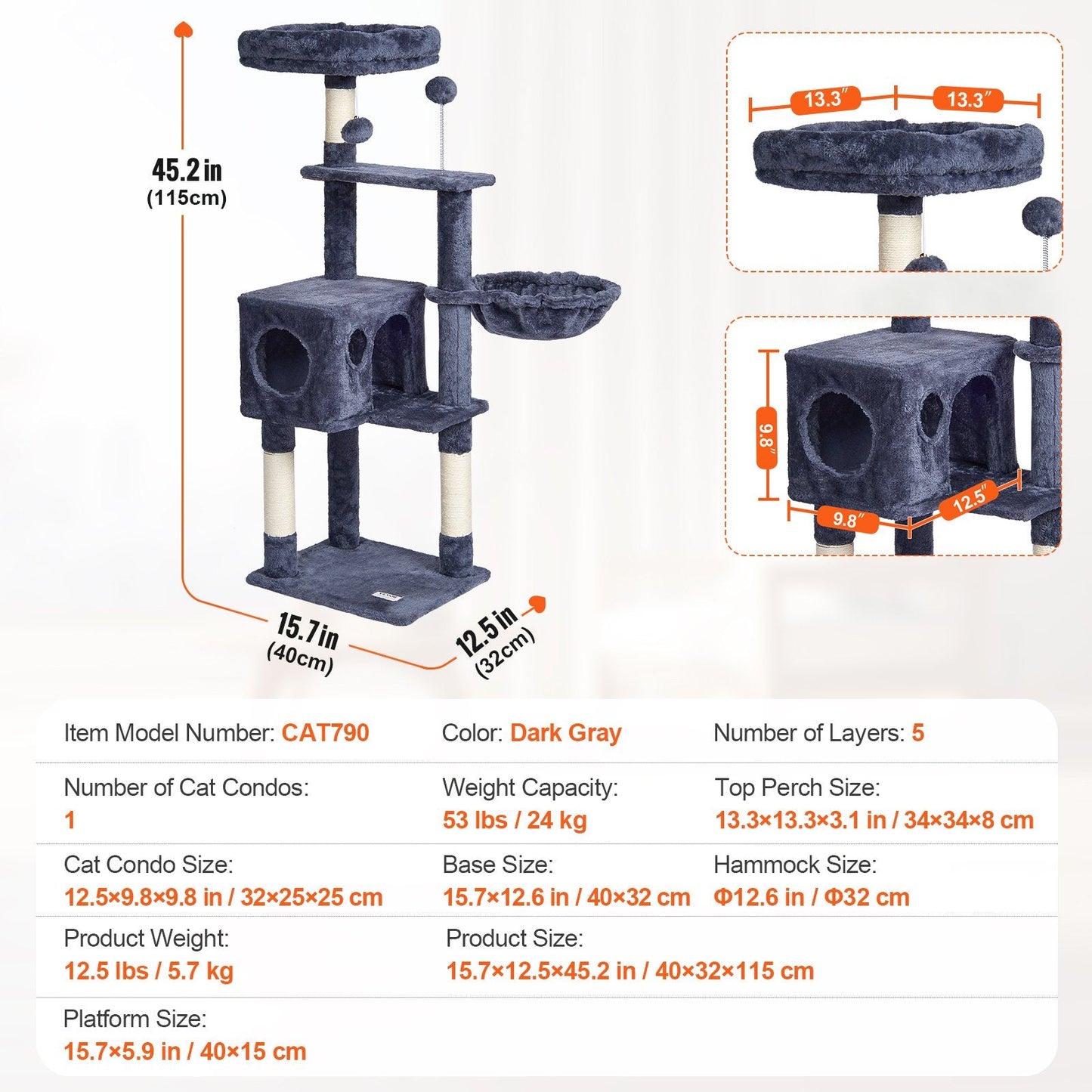 115 cm Dark Grey Cat Tower with Condo and Sisal Scratching Post