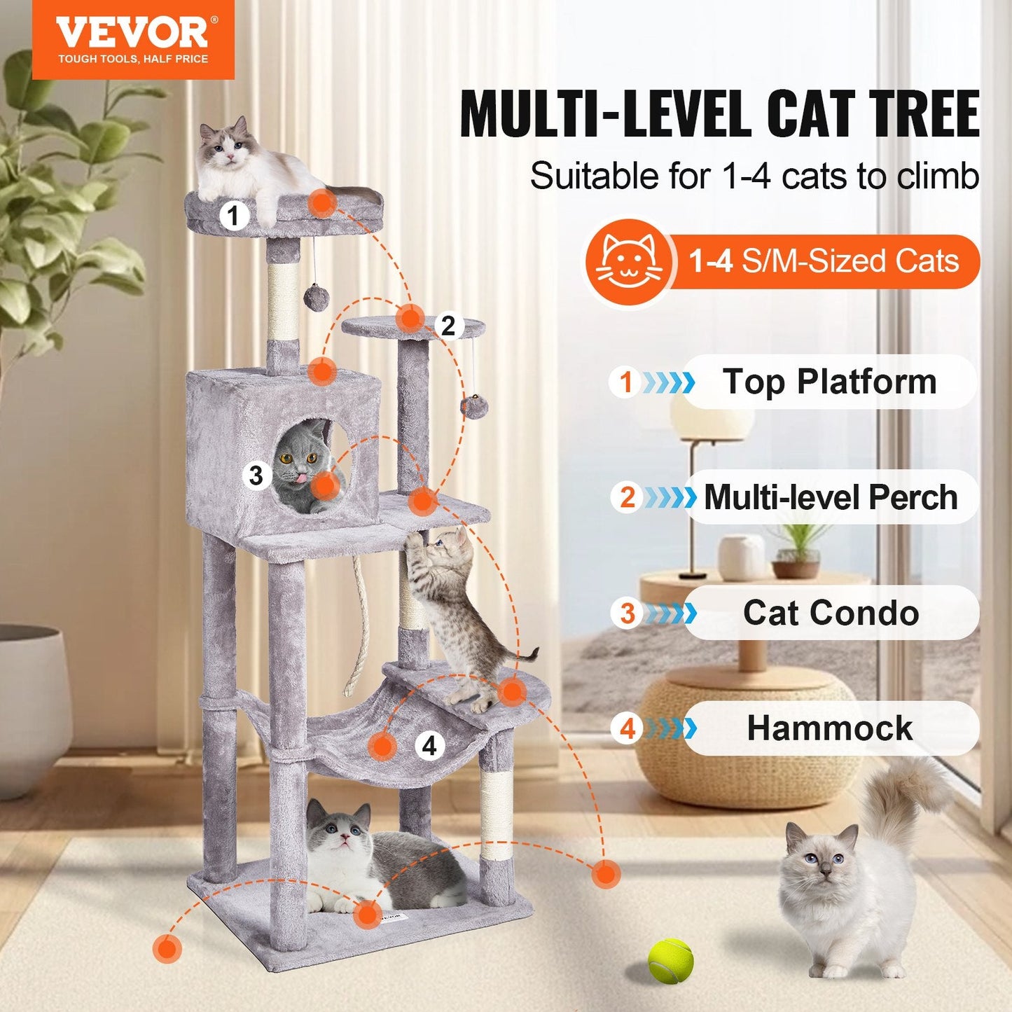 143 cm Cat Tower with Condo & Sisal Posts, Light Grey, Multi-Platform Playground
