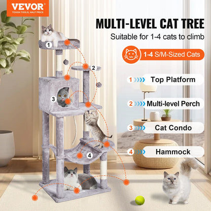 143 cm Cat Tower with Condo & Sisal Posts, Light Grey, Multi-Platform Playground