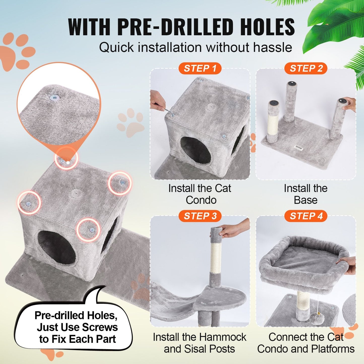 143 cm Cat Tower with Condo & Sisal Posts, Light Grey, Multi-Platform Playground