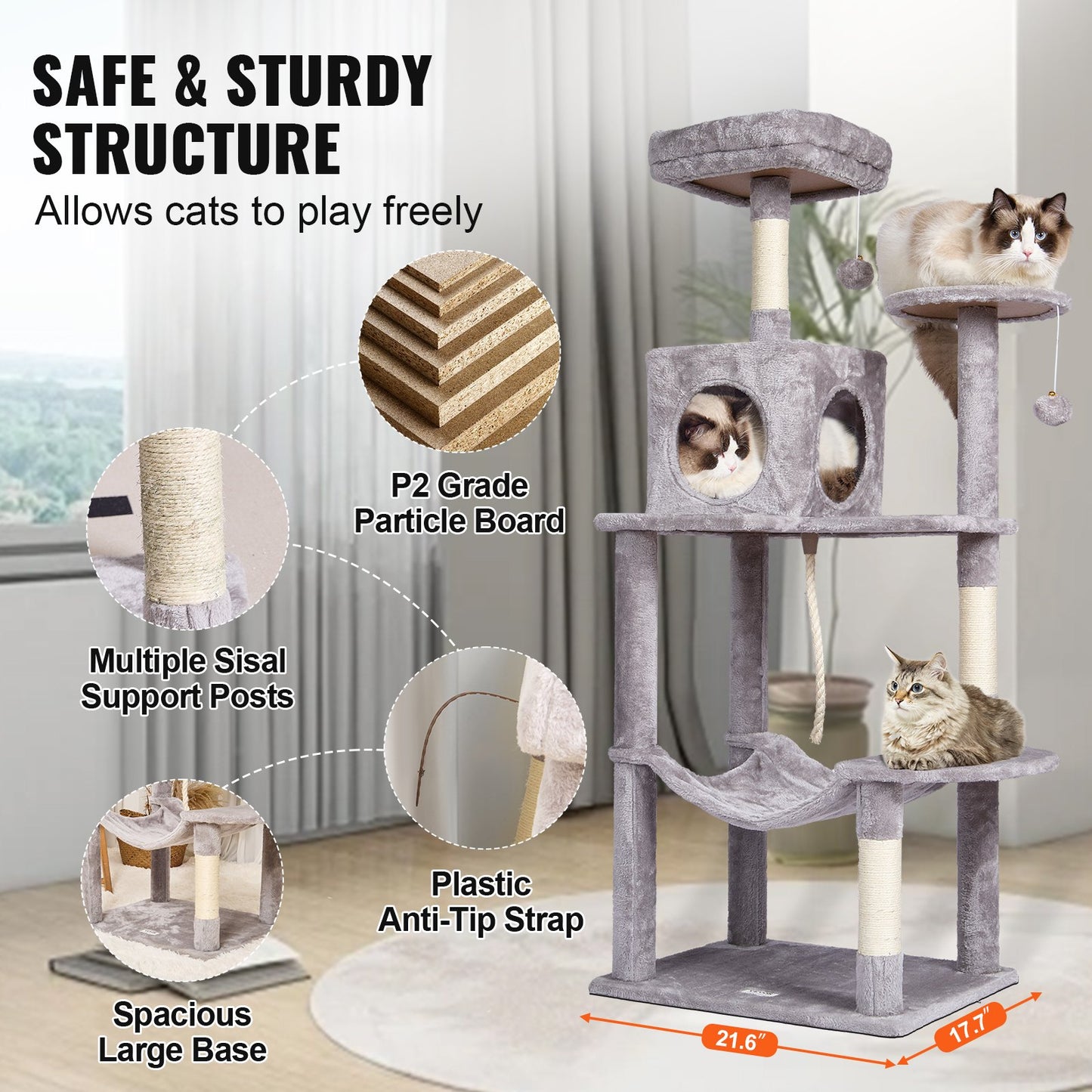 VEVOR Cat Tree 143 cm Cat Tower with Cat Condo Sisal Scratching Post Light Grey