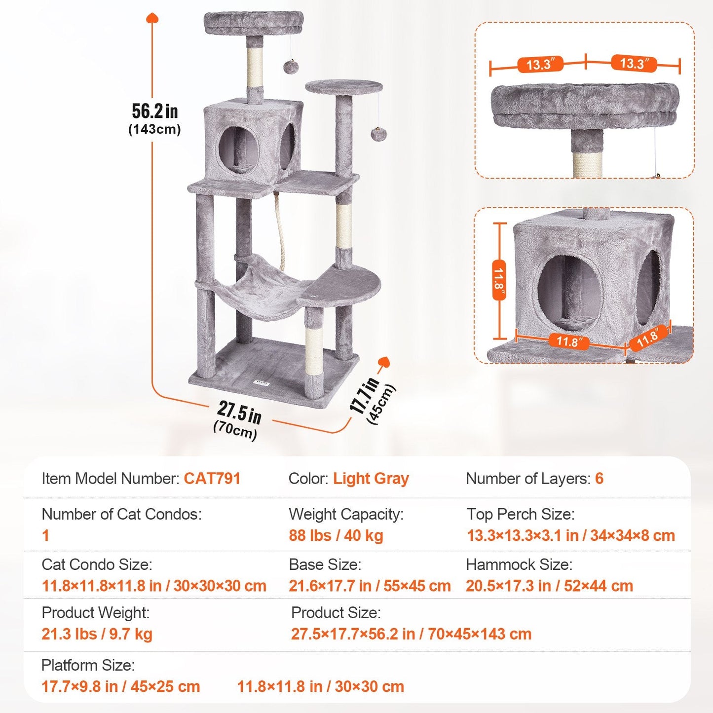143 cm Cat Tower with Condo & Sisal Posts, Light Grey, Multi-Platform Playground