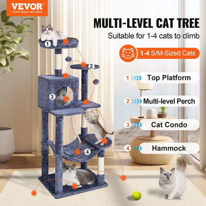 Luxury 143 cm Dark Grey Cat Tower with Condo and Sisal Scratching Posts