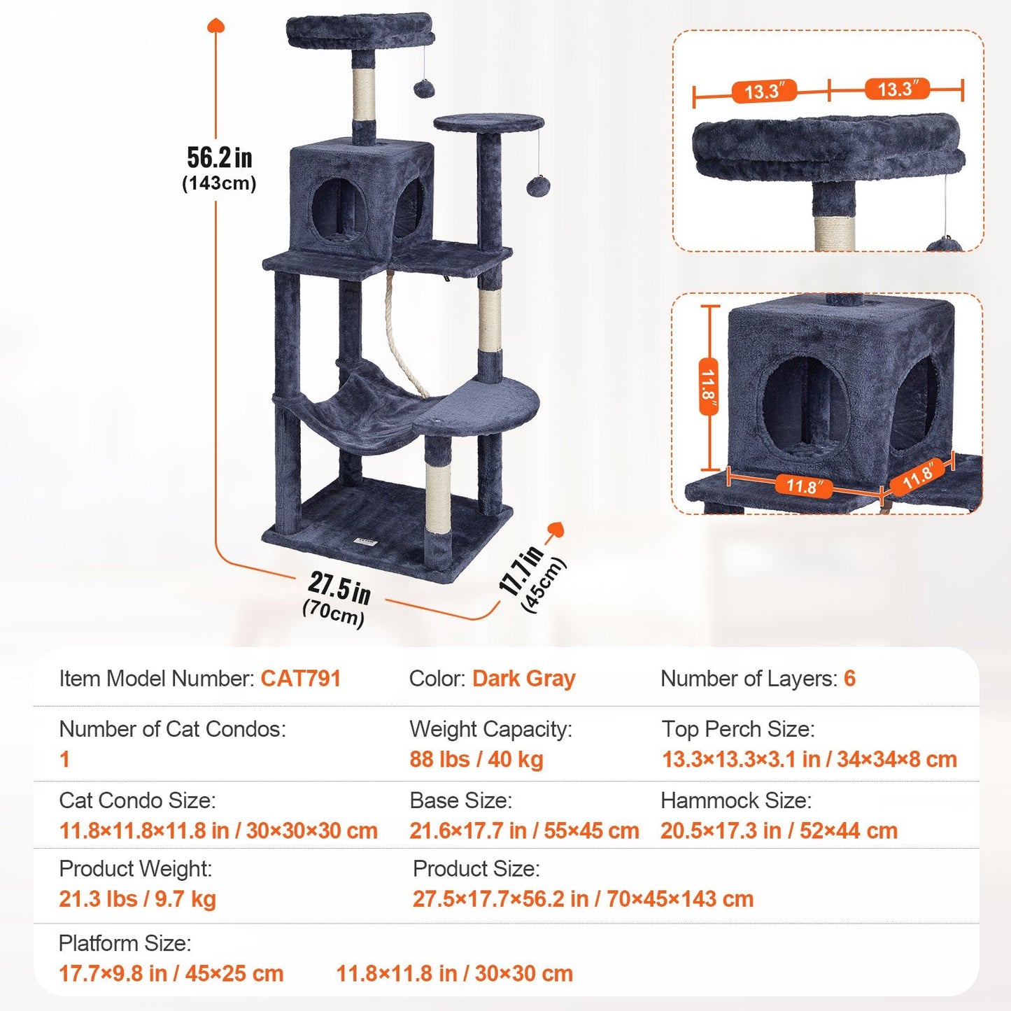Luxury 143 cm Dark Grey Cat Tower with Condo and Sisal Scratching Posts