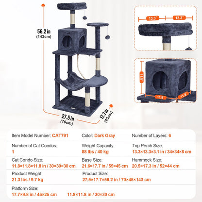 Luxury 143 cm Dark Grey Cat Tower with Condo and Sisal Scratching Posts