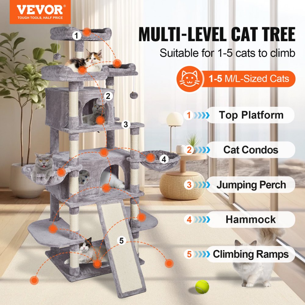 VEVOR Cat Tree 174 cm Cat Tower for Indoor Cats with Cat Condos Scratching Post