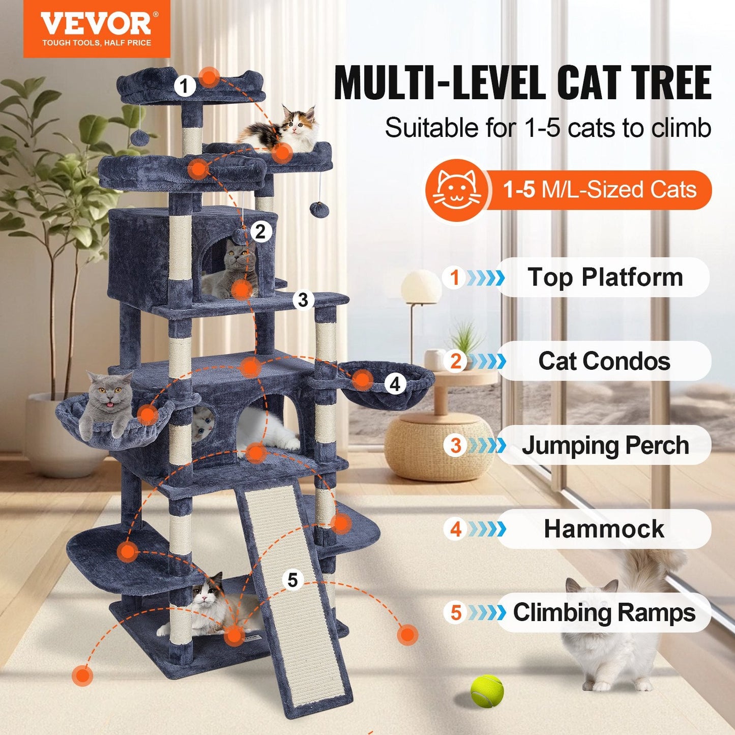 Indoor Cat Tower with Condos and Scratching Posts, 174 cm, Dark Grey