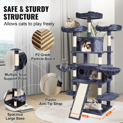 Indoor Cat Tower with Condos and Scratching Posts, 174 cm, Dark Grey