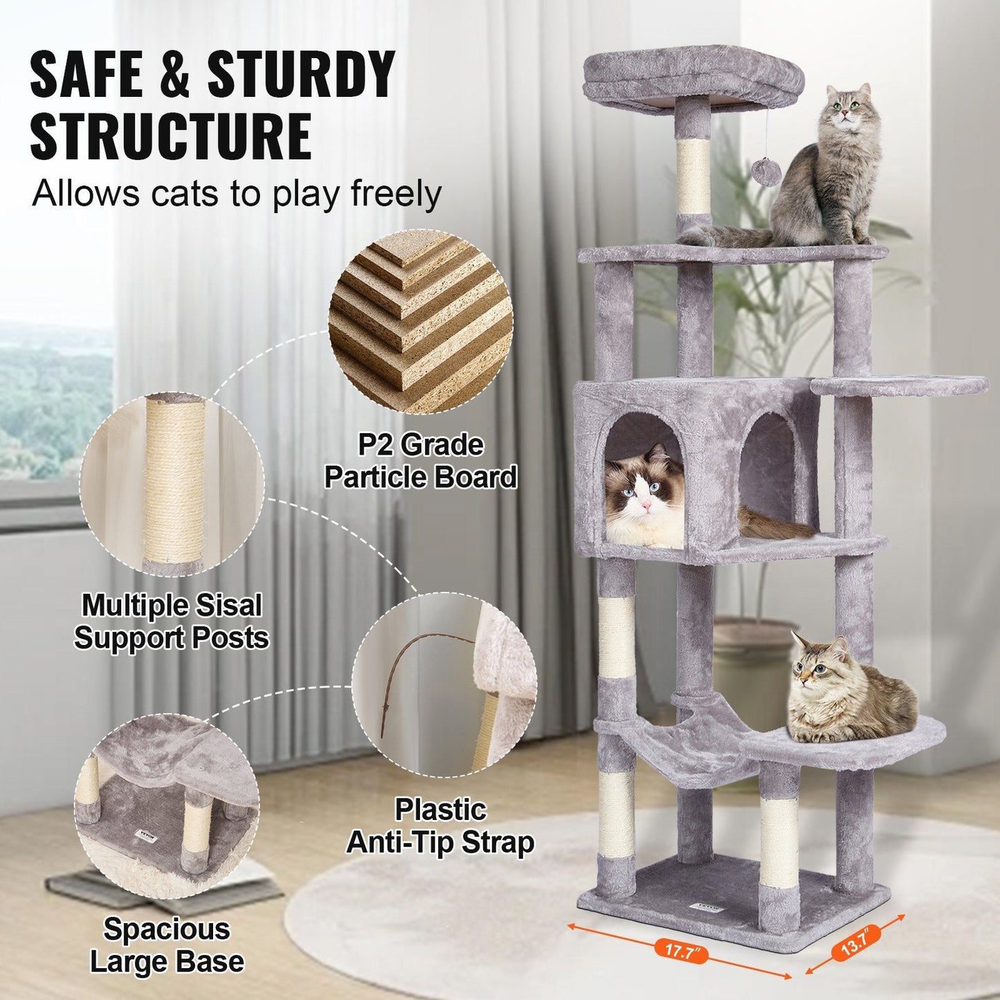 154 cm Light Grey Cat Tower with Condo and Scratching Post