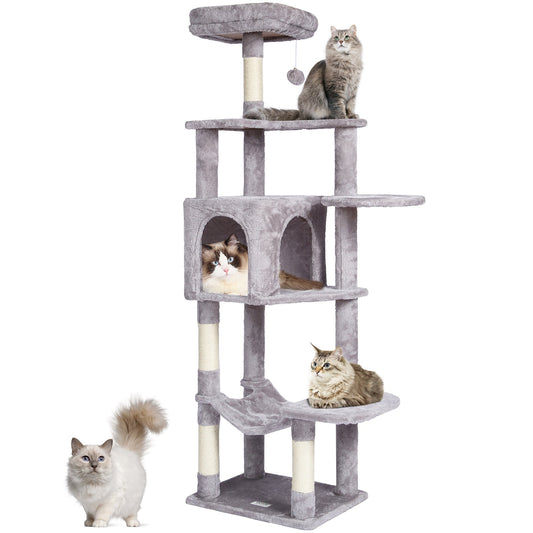 VEVOR Cat Tree 154 cm Cat Tower with Cat Condo Sisal Scratching Post Light Grey